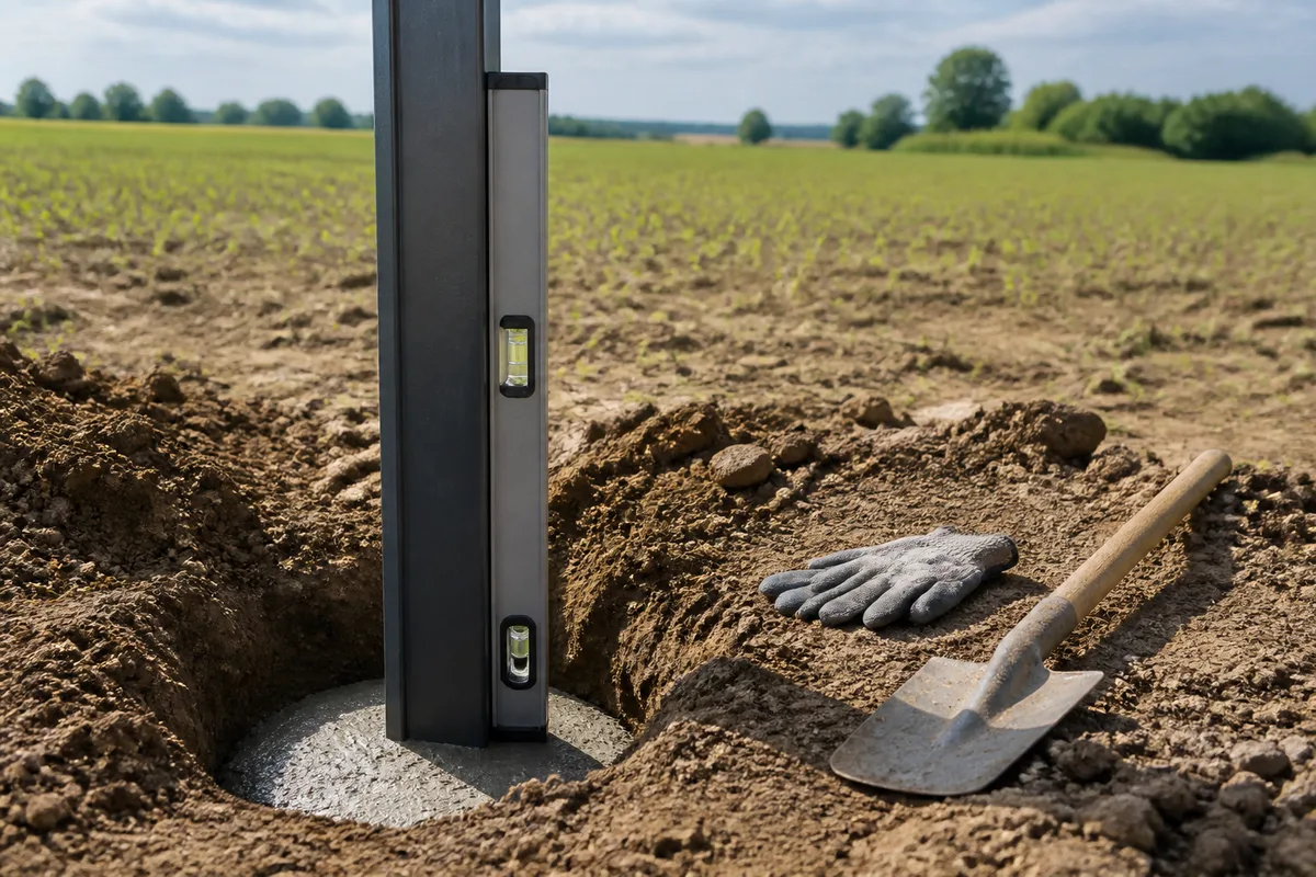 Poteau de clôture aluminium scellé dans un plot béton frais au bord d&rsquo;une parcelle en Limagne