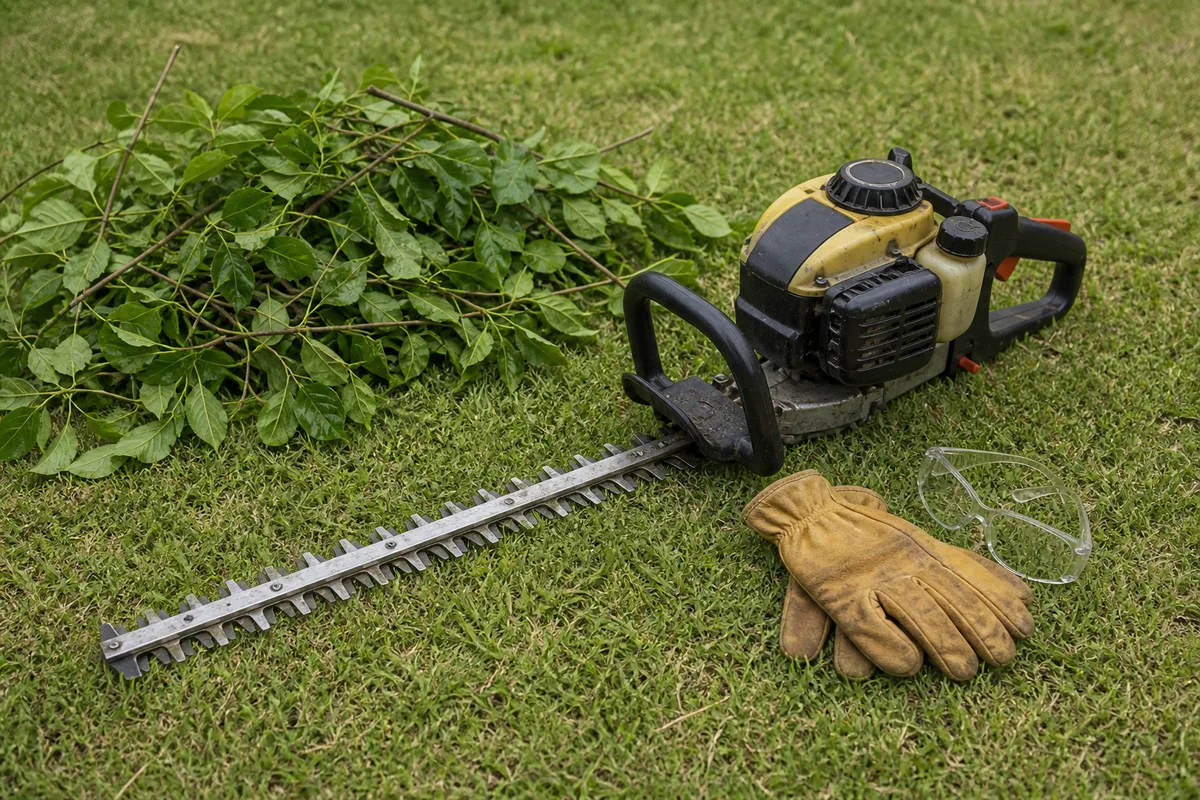 Taille-haie thermique posé au sol près de branches coupées, gants et lunettes de protection