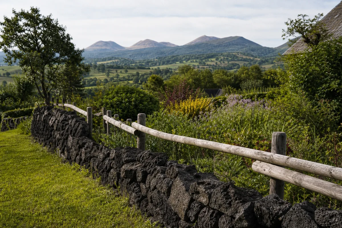Muret de pierre volcanique et clôture bois délimitant un jardin de coteau en Auvergne
