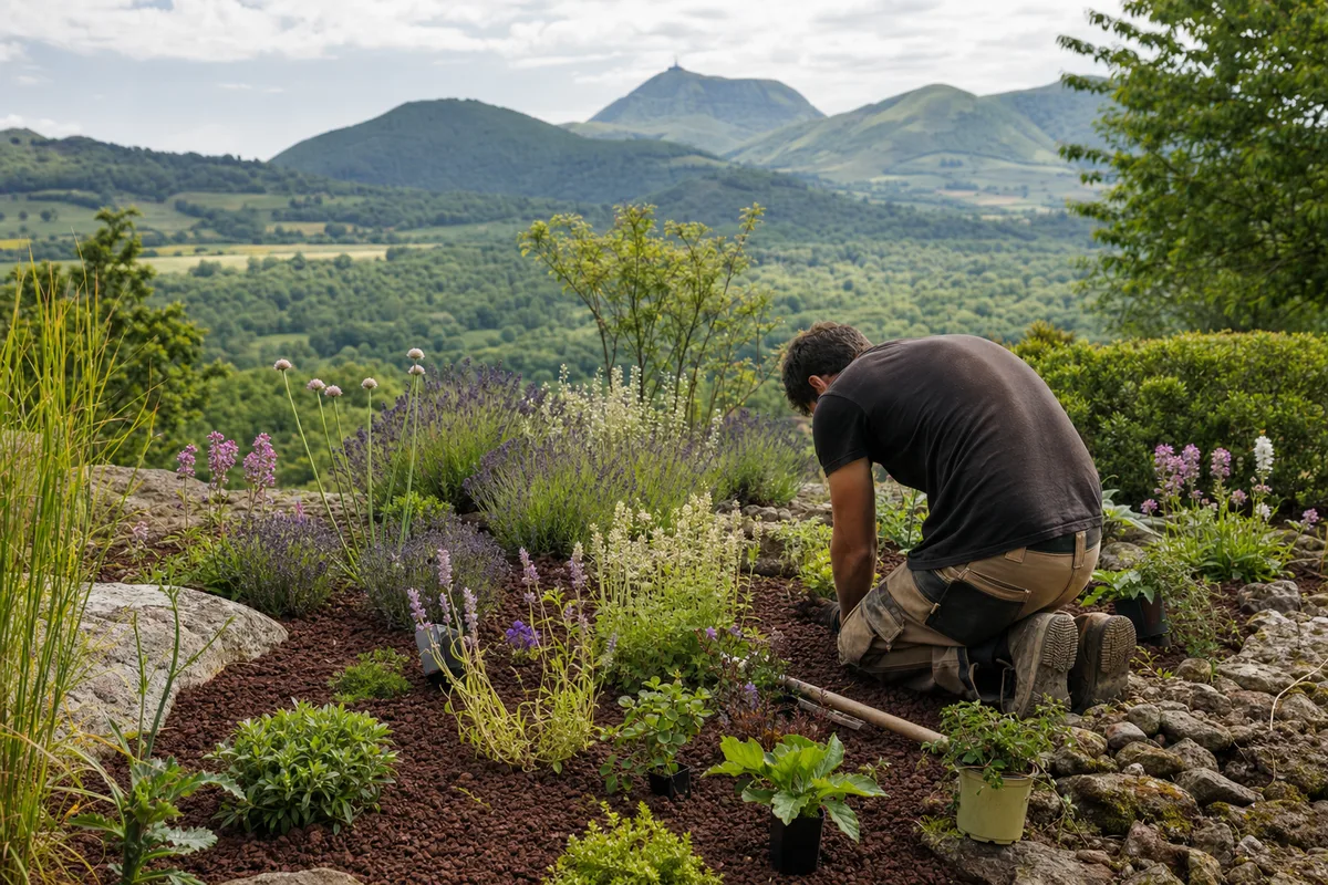Paysagiste plantant des massifs de vivaces paillés à la pouzzolane dans un jardin auvergnat