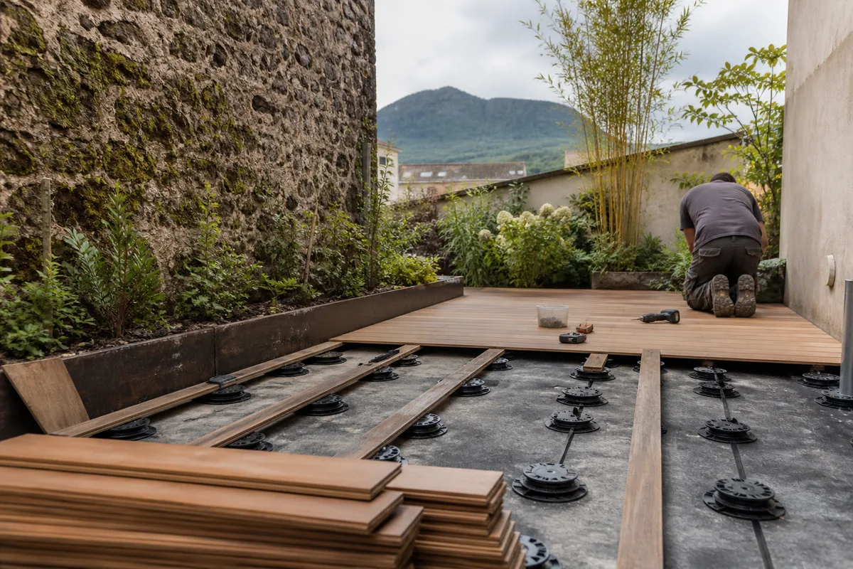 Pose d’une terrasse en bois sur plots dans une courette clermontoise