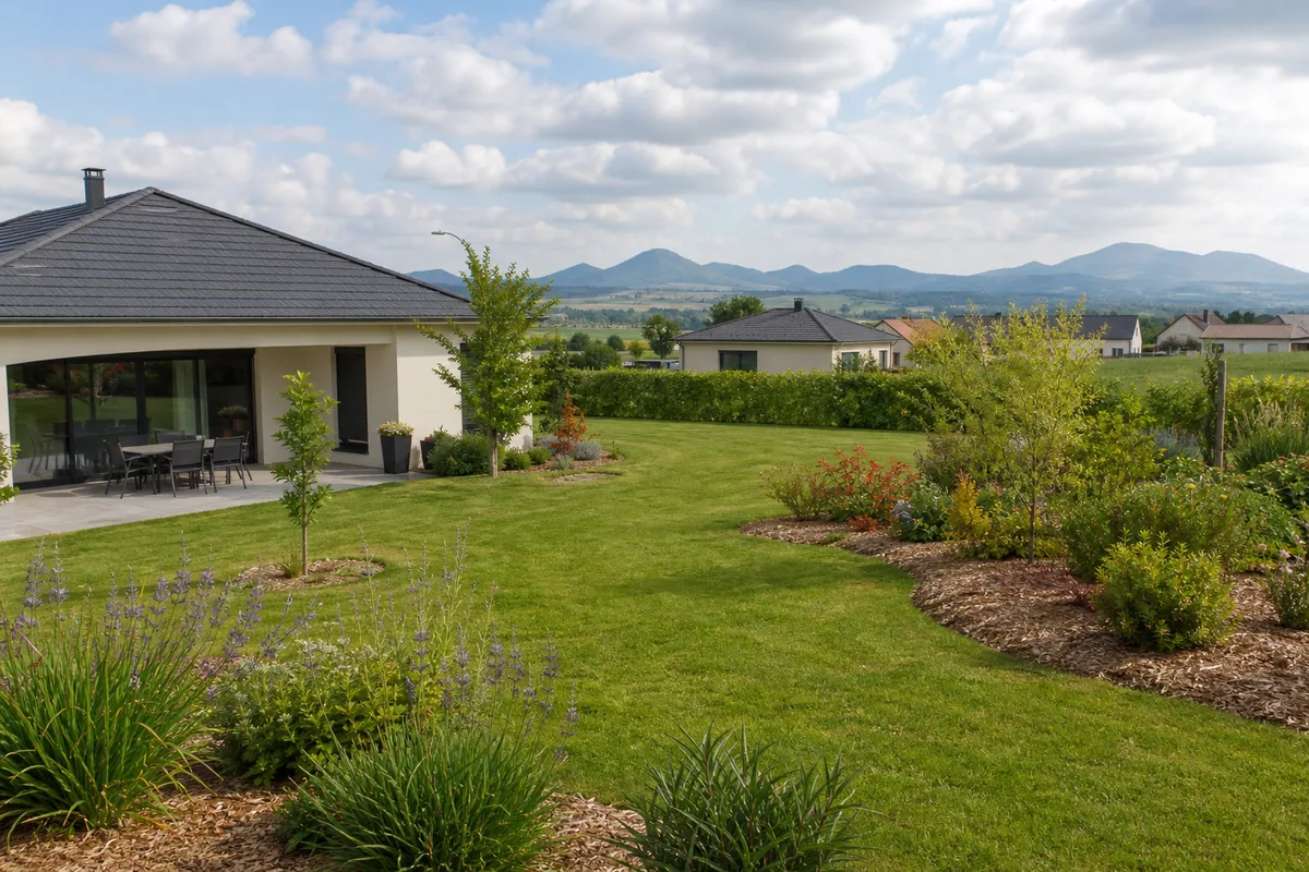Jardin de pavillon engazonné avec massifs paillés dans un lotissement de la plaine de la Limagne