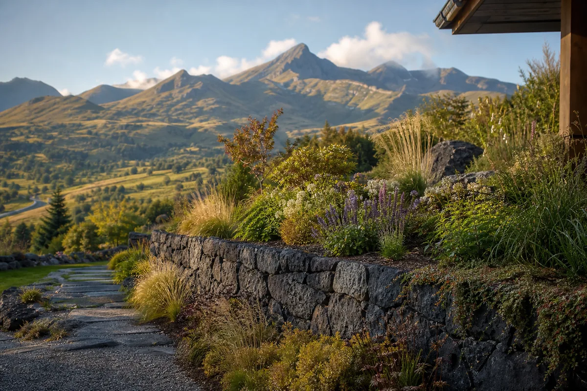 Jardin de montagne au Mont-Dore avec soutènement en pierre volcanique face au massif du Sancy