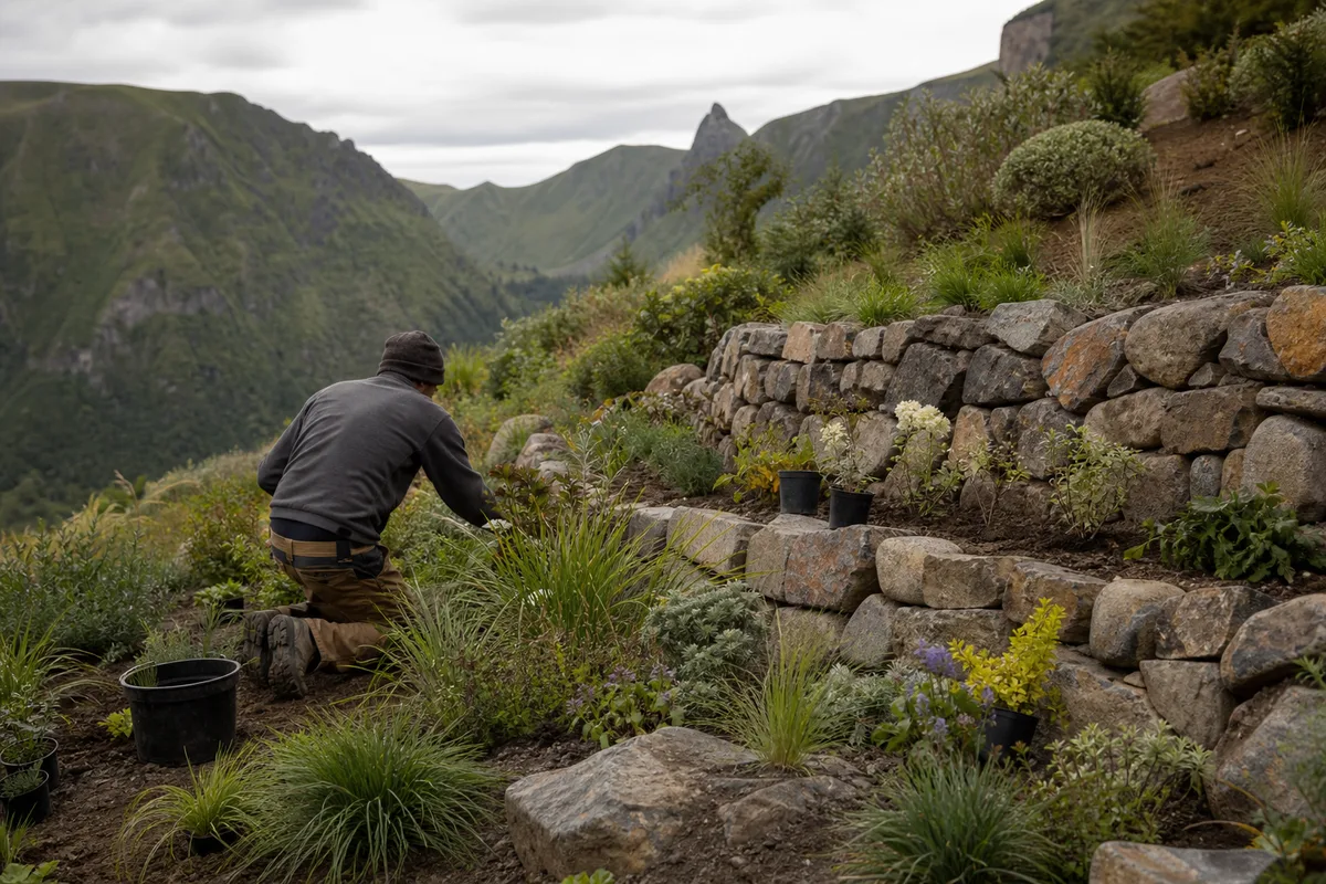 Paysagiste installant des plantations rustiques sur un jardin en terrasses de montagne