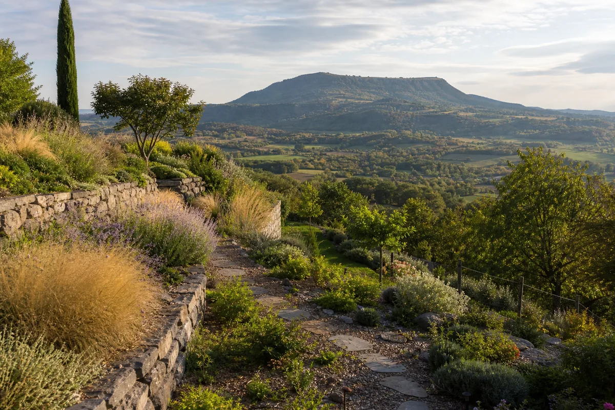 Jardin en terrasses sur un coteau de La Roche-Blanche face au plateau de Gergovie