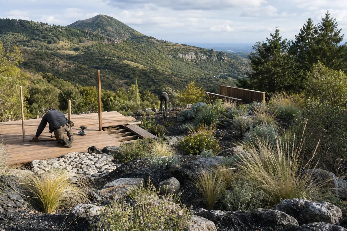 Paysagiste posant une terrasse et des massifs de jardin sec sur un coteau volcanique