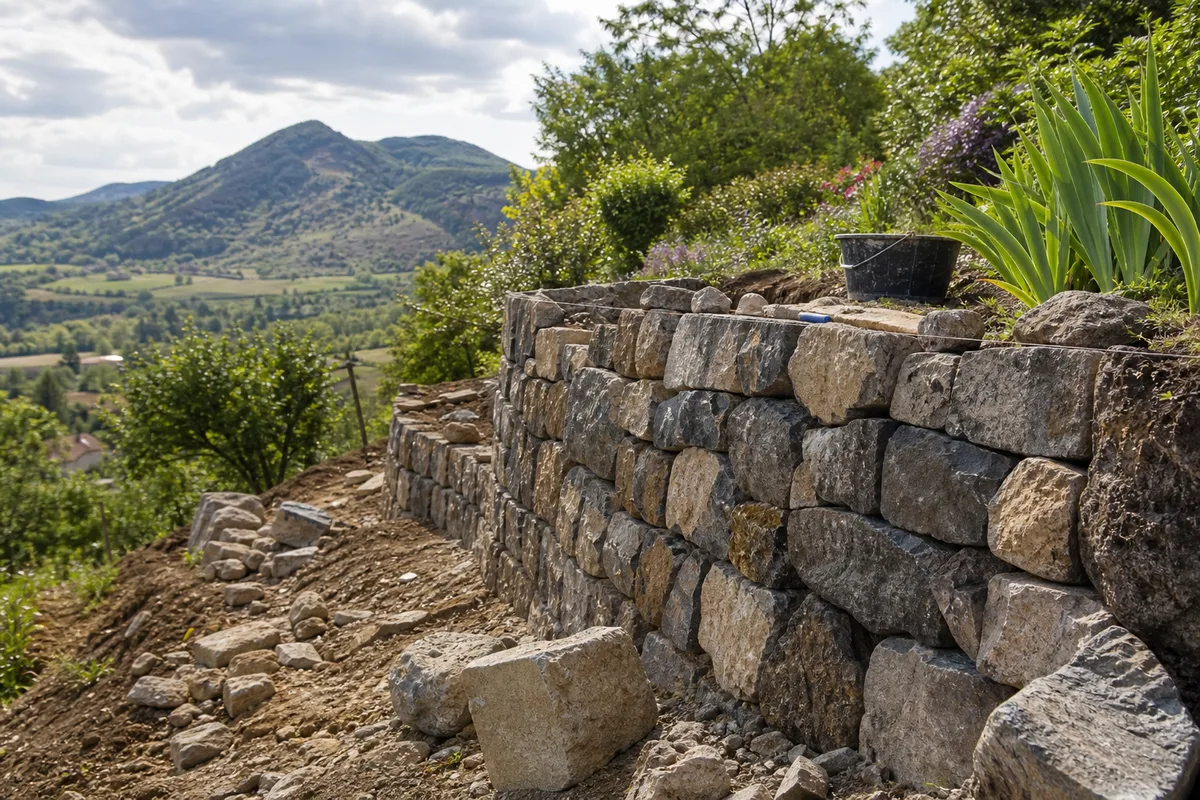 Restauration d’un muret en pierre sèche soutenant un jardin étagé sur les coteaux de Veyre-Monton