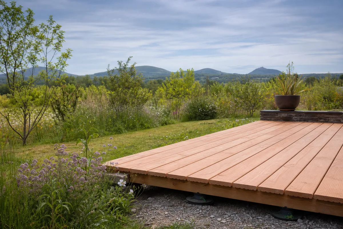 Terrasse en lames de douglas posée sur plots réglables dans un jardin de la Limagne