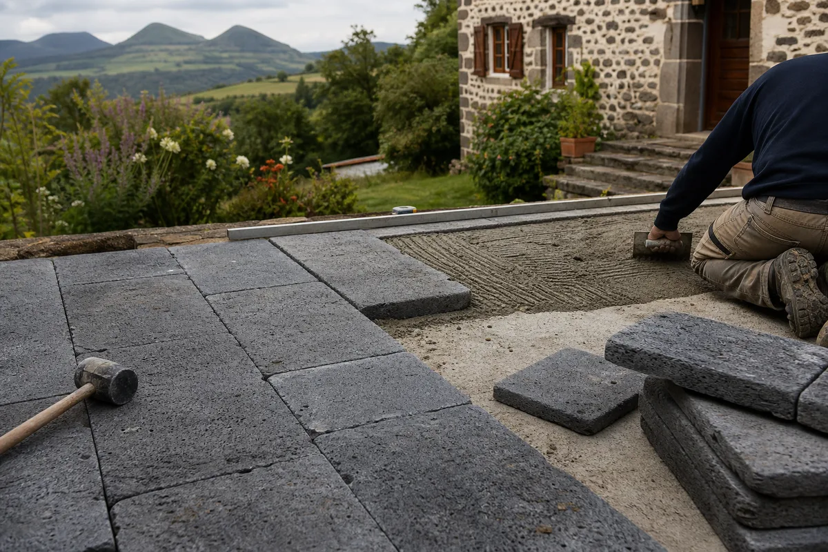 Dalles de pierre volcanique grise en cours de pose sur lit de mortier pour une terrasse de maison auvergnate